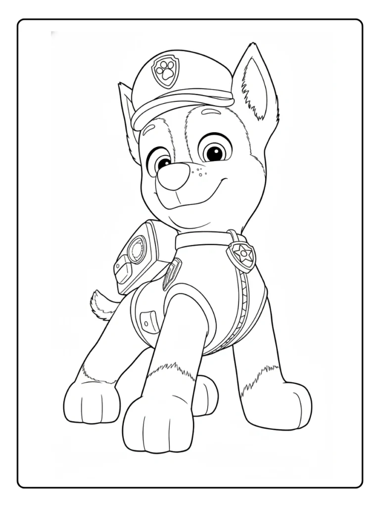 Happy Chase Paw Patrol coloring sheet, pup sitting in gear.