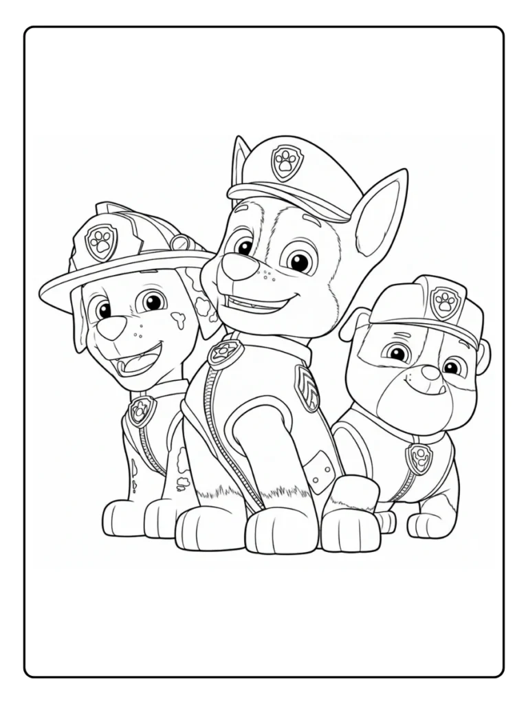 Paw Patrol trio coloring page, Marshall, Chase, and Rubble sitting.