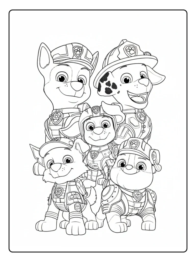 Paw Patrol group coloring page, Marshall, Chase, Rubble, and Rocky.