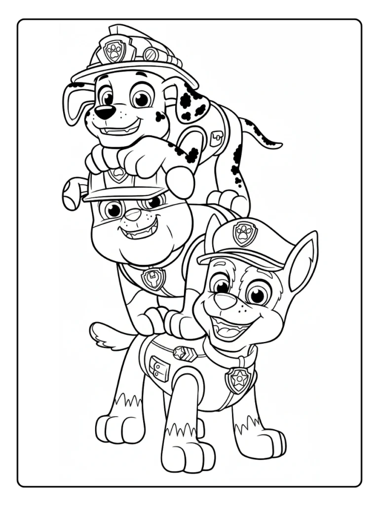 Paw Patrol pups stacking coloring sheet, Marshall on top of Chase and Rubble.