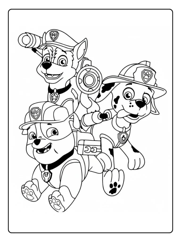 Action Paw Patrol team coloring page, Marshall leading the pups.