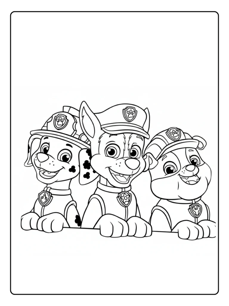 Three Paw Patrol pups coloring page, Marshall, Chase, and Rubble.
