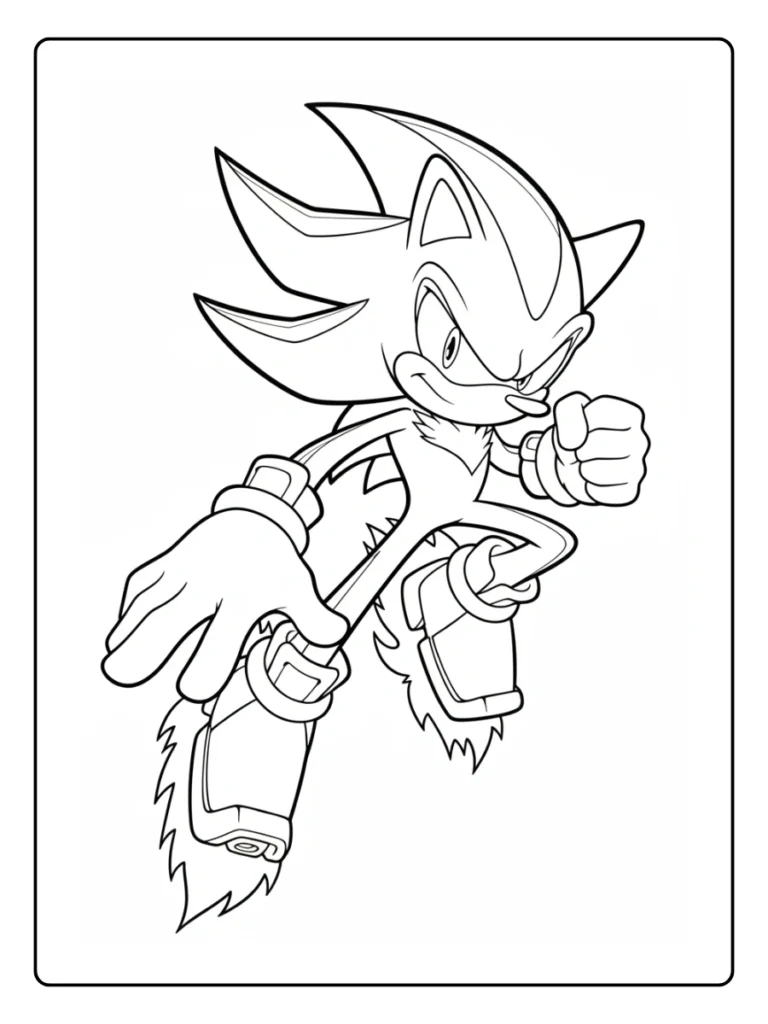 Shadow the Hedgehog jumping coloring sheet, character mid-air.