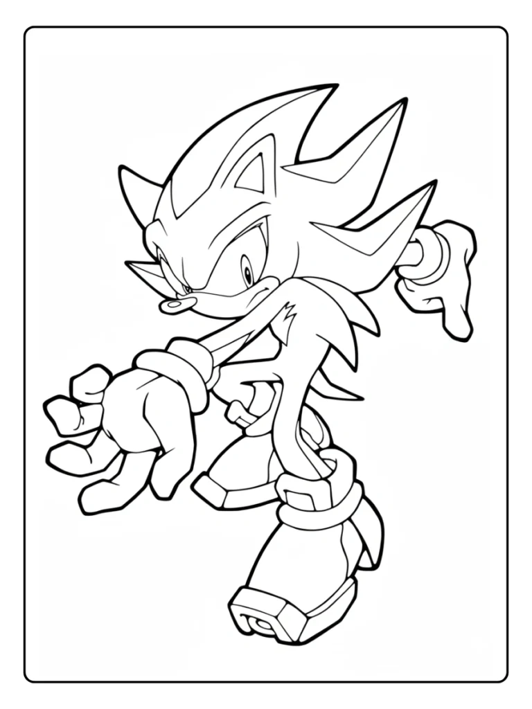 Action Shadow Hedgehog coloring sheet, dynamic battle stance.