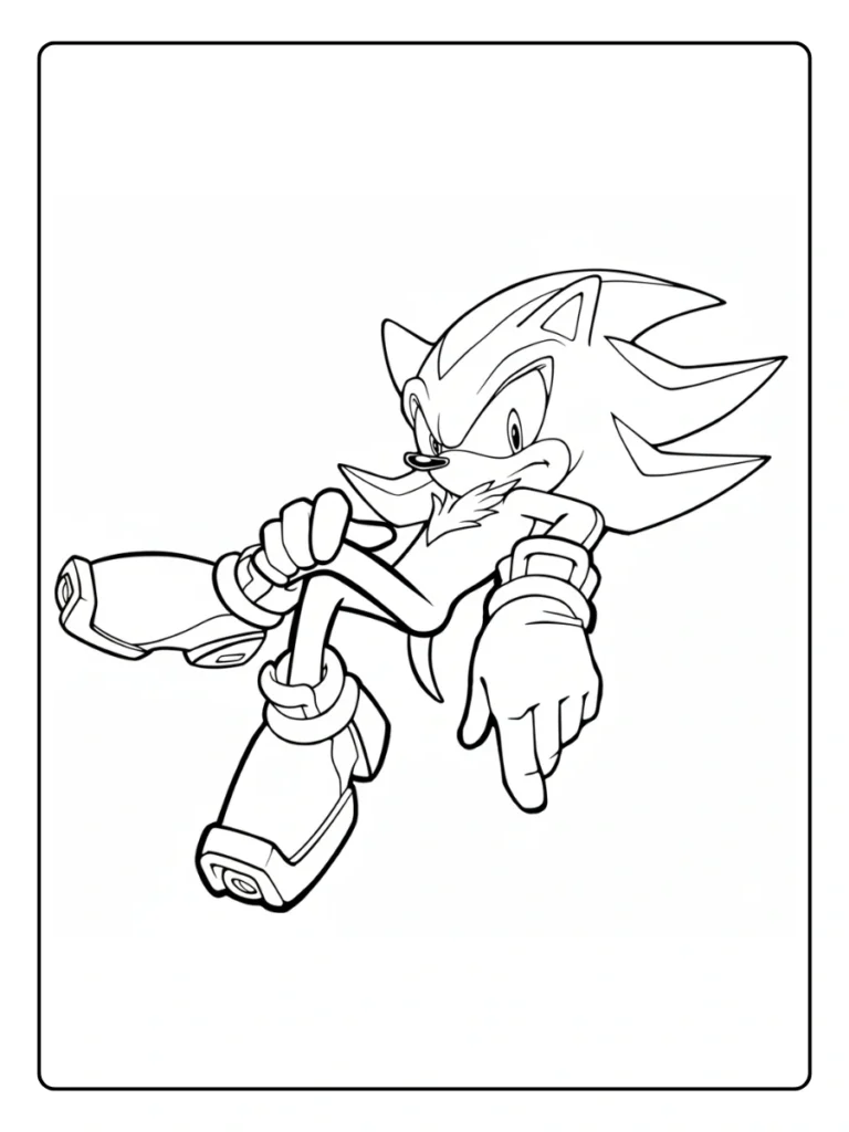 Shadow the Hedgehog sitting coloring page, character relaxing.