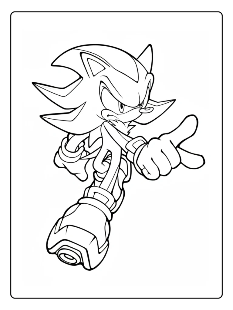 Shadow the Hedgehog pointing coloring sheet, character in motion.