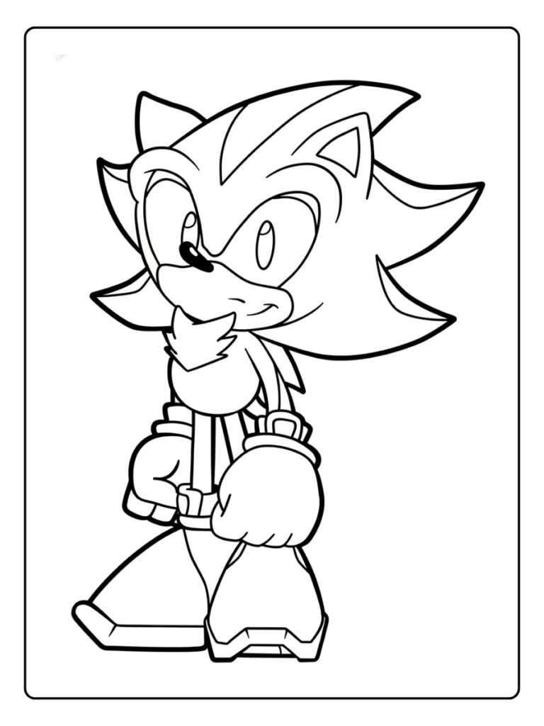 Shadow the Hedgehog smiling coloring page, rare friendly expression.