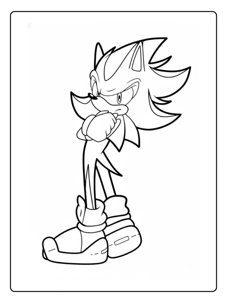 Shadow the Hedgehog crossed arms coloring page, classic brooding pose.