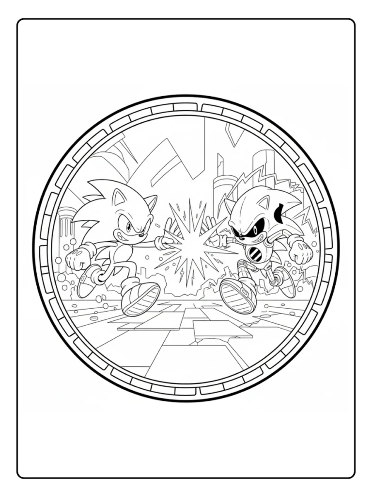 Sonic and Shadow battle coloring page, circular frame duel scene.