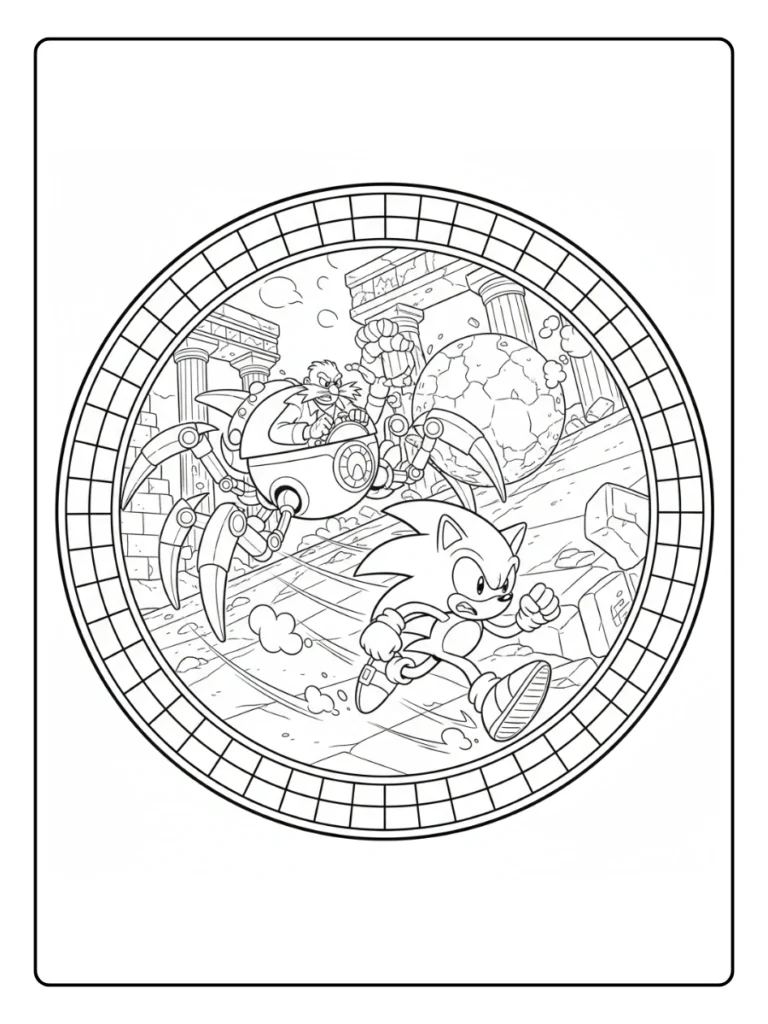 Shadow the Hedgehog mosaic coloring sheet, character in a stained glass frame.