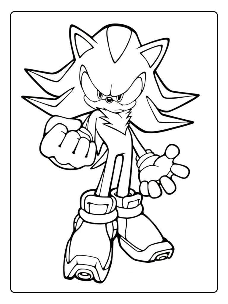 Shadow the Hedgehog clenching fist coloring page, determined look.