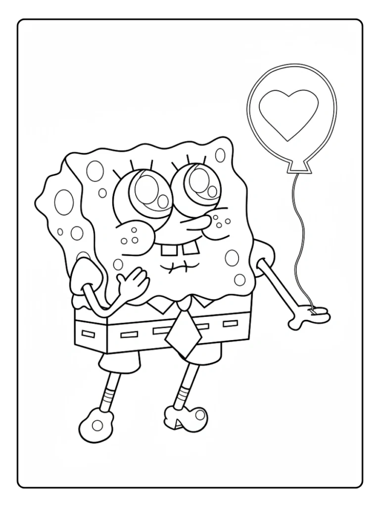 A black and white coloring page of SpongeBob SquarePants looking adoringly at a balloon with a heart on it.