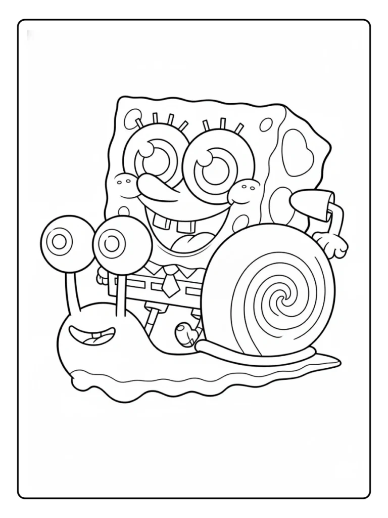 SpongeBob and Gary coloring page with SpongeBob holding two lollipops