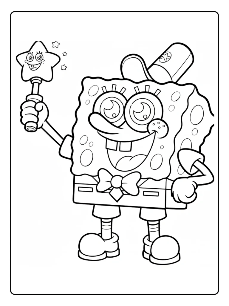 Magician SpongeBob coloring page with SpongeBob holding a magic wand and wearing a hat