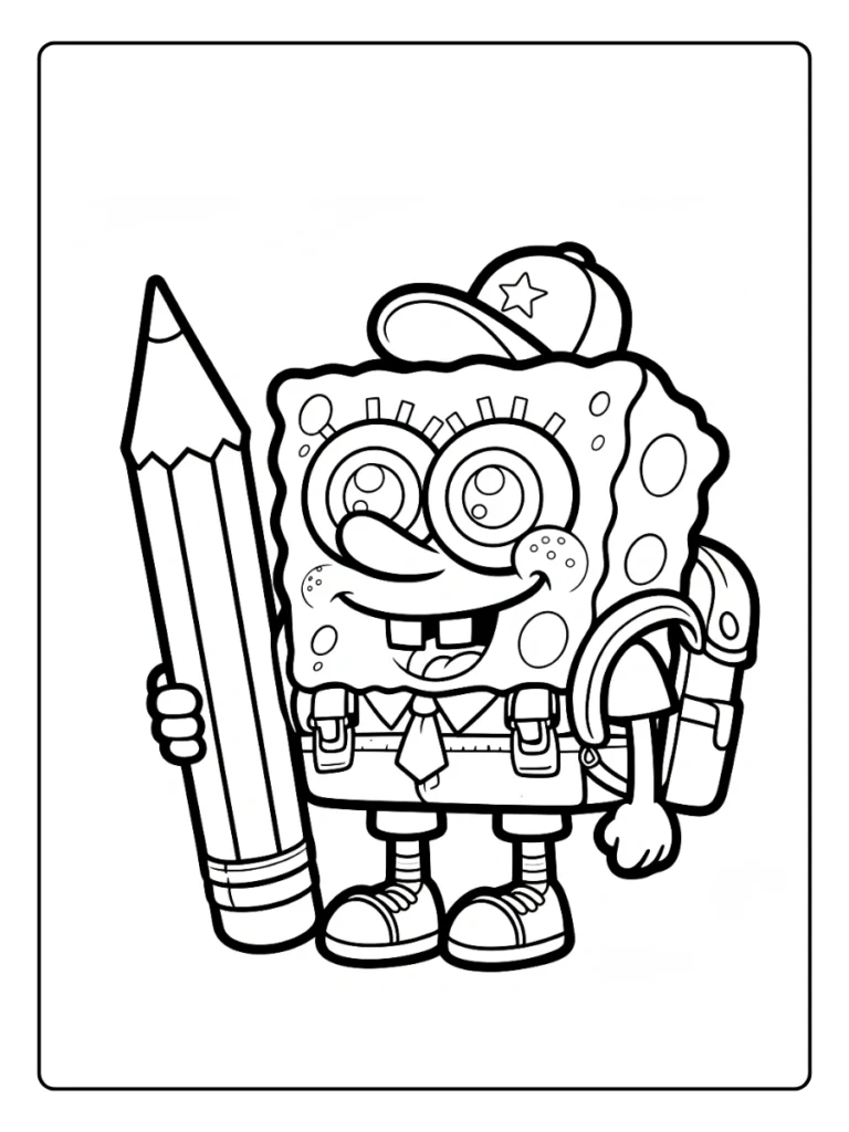 Artist SpongeBob coloring page with SpongeBob holding a big pencil and wearing a cap and backpack