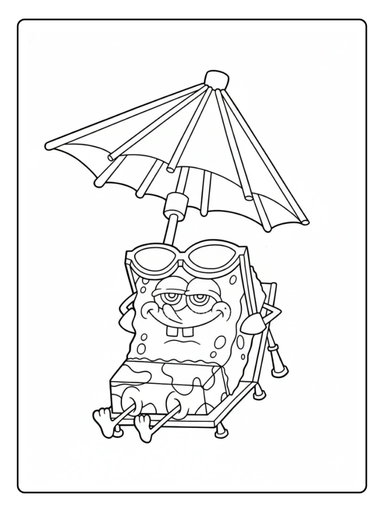 A black and white coloring page of SpongeBob SquarePants lounging on a beach chair under an umbrella.