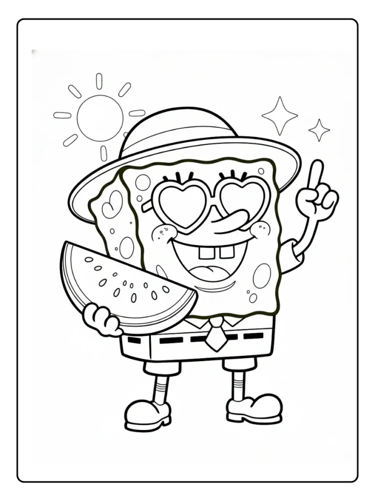 A coloring page of SpongeBob wearing heart-shaped sunglasses and a sun hat while holding a slice of watermelon.