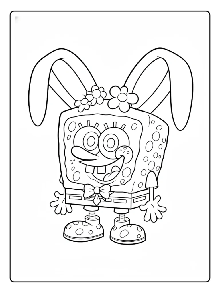 A coloring page of SpongeBob SquarePants dressed as an Easter bunny with long ears and a floral headband.