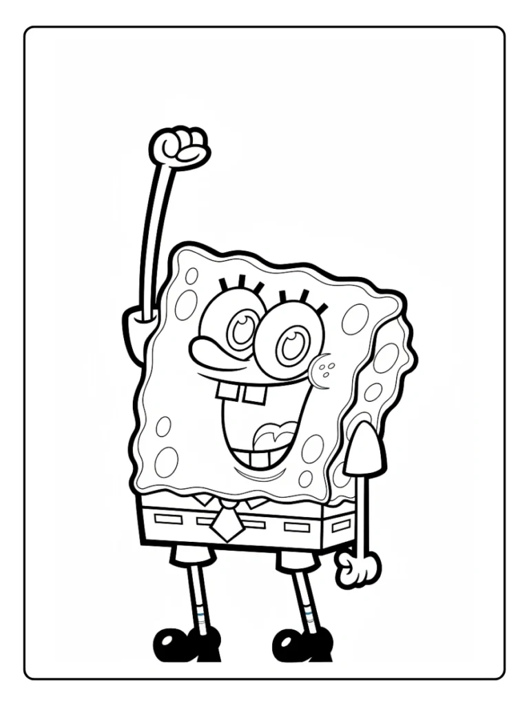 SpongeBob SquarePants coloring page with SpongeBob smiling and waving
