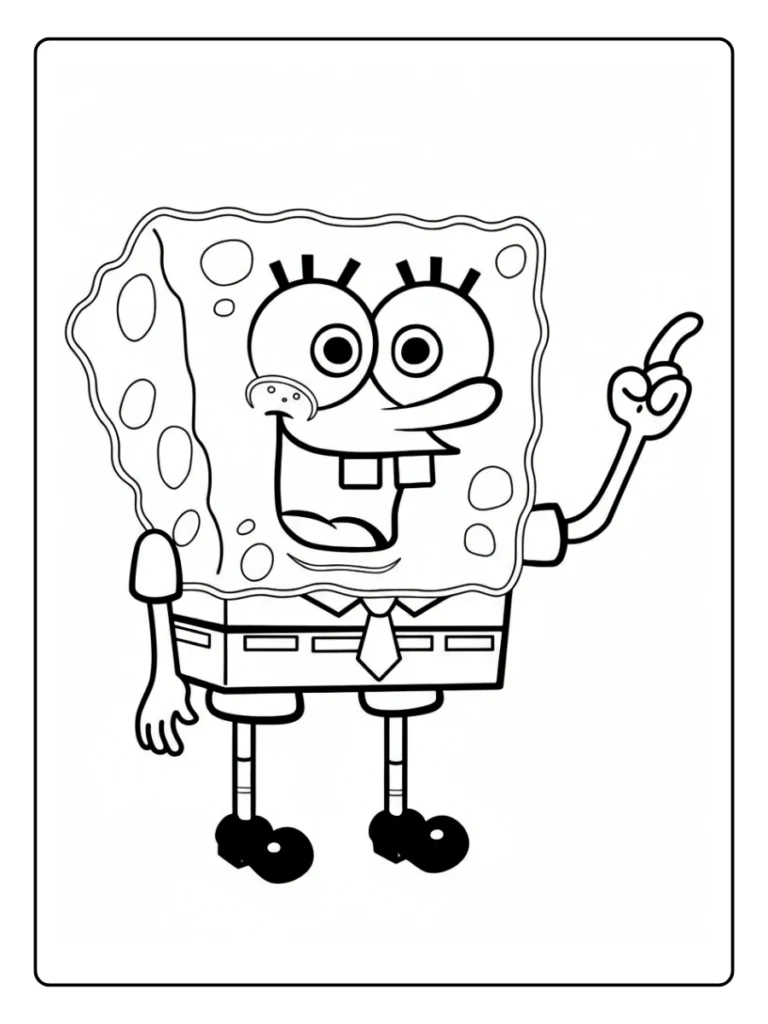 SpongeBob coloring page with SpongeBob posing playfully in his classic outfit