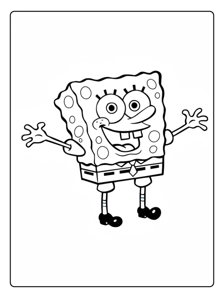 Funny SpongeBob coloring sheet showing SpongeBob with a joyful expression and open arms