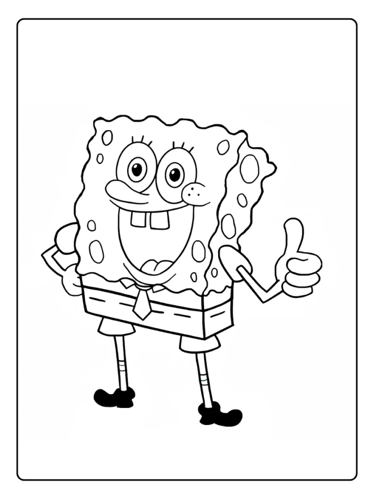 Cute SpongeBob coloring page with SpongeBob standing and smiling with one hand raised