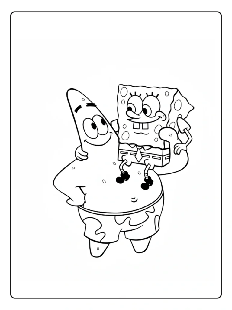 SpongeBob and Patrick coloring page with SpongeBob riding on Patrick’s shoulders