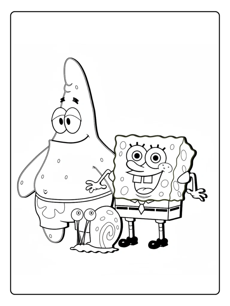 SpongeBob coloring page with SpongeBob, Patrick, and Gary standing together