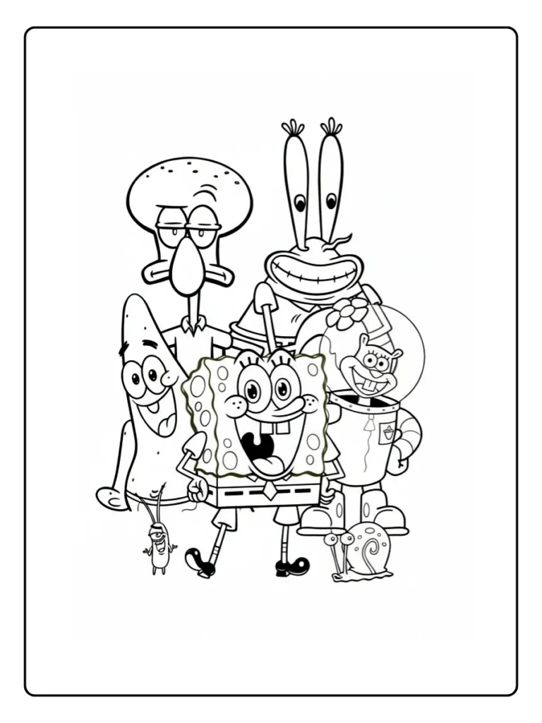 SpongeBob cast coloring page with SpongeBob, Patrick, Squidward, Mr. Krabs, and other friends