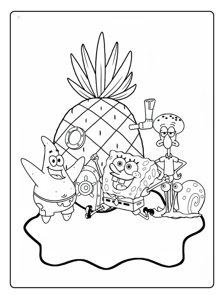 Underwater SpongeBob coloring page with SpongeBob, Patrick, Gary, and a big pineapple