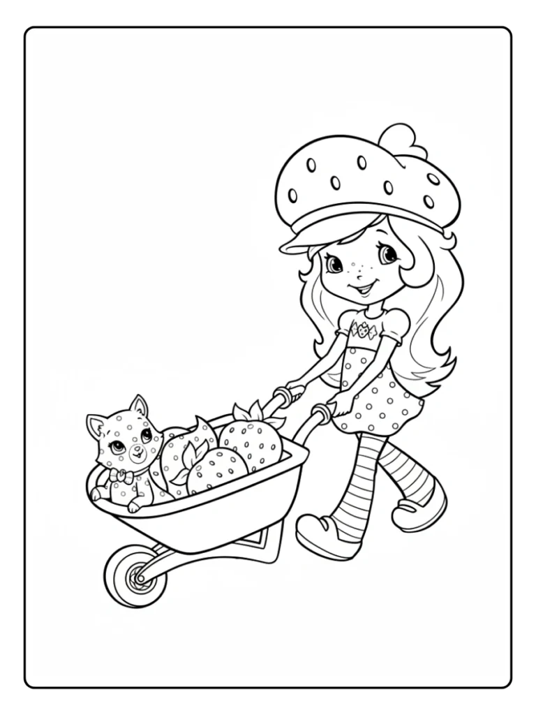 Strawberry Shortcake gardening coloring page, character pushing a wheelbarrow with a cat.