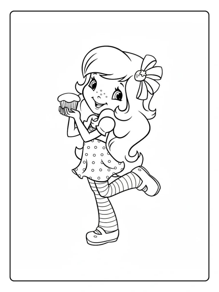 Strawberry Shortcake with a cupcake coloring sheet, character holding a sweet treat.
