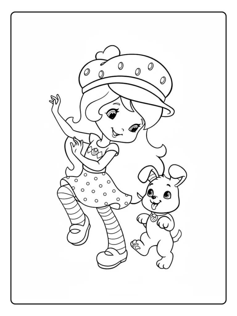 Strawberry Shortcake and Pupcake coloring page, character walking with her dog.