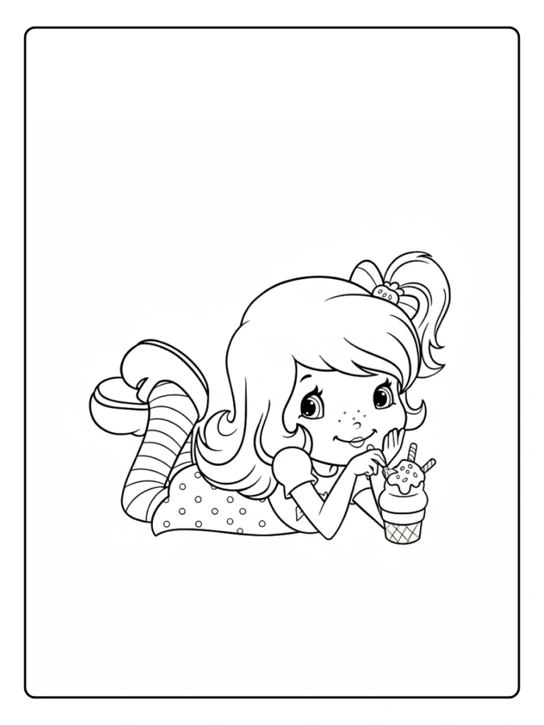 Strawberry Shortcake lying down coloring sheet, character with a milkshake.