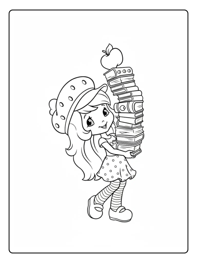 Strawberry Shortcake carrying books coloring page, character with a tall stack of books.