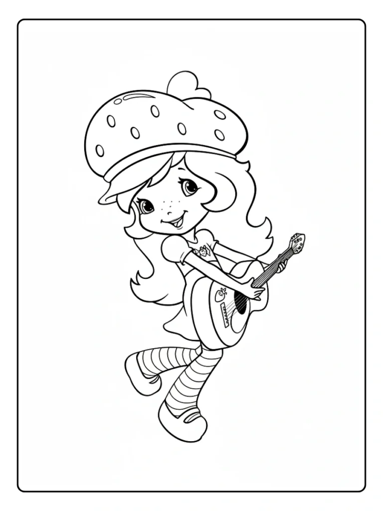 Strawberry Shortcake playing guitar coloring sheet, character as a musician.