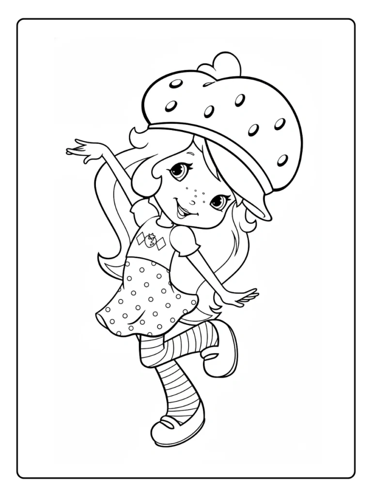 Strawberry Shortcake dancing coloring sheet, cute character in a polka dot dress.