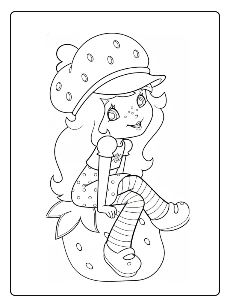 Strawberry Shortcake sitting on a strawberry coloring page, cute character resting.