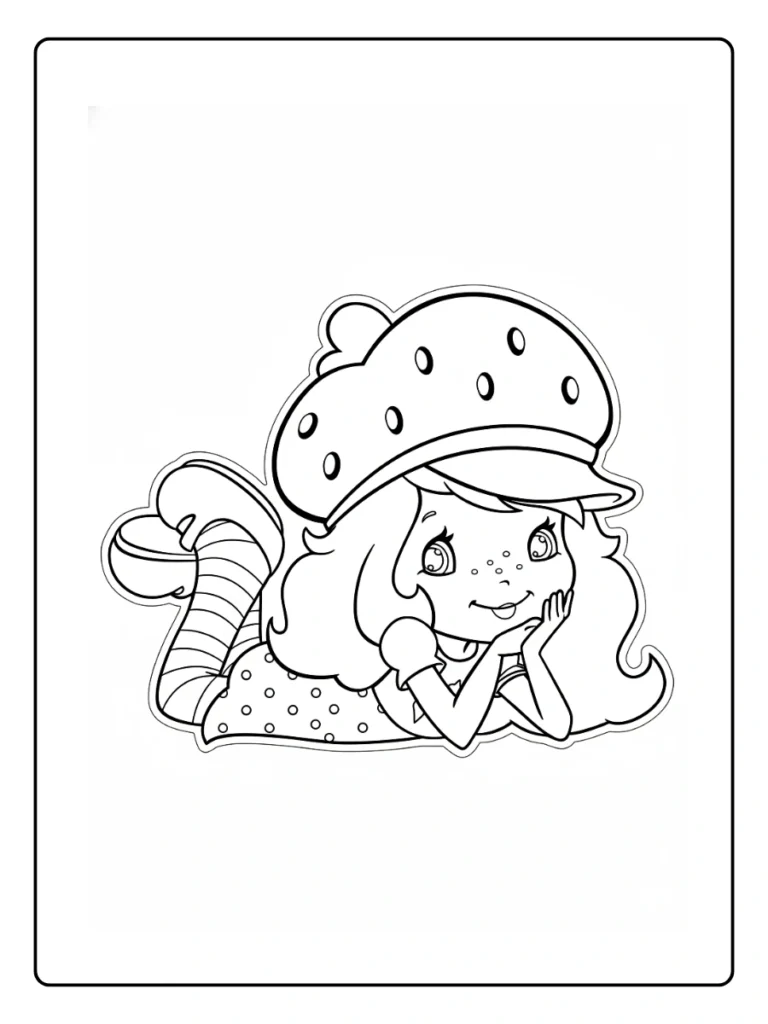 Strawberry Shortcake lying down coloring sheet, character resting on her stomach.