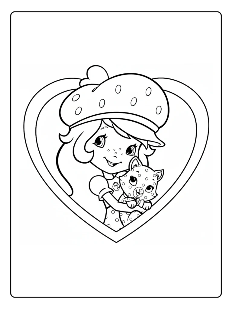 Strawberry Shortcake heart coloring page, character hugging a kitten inside a heart frame.