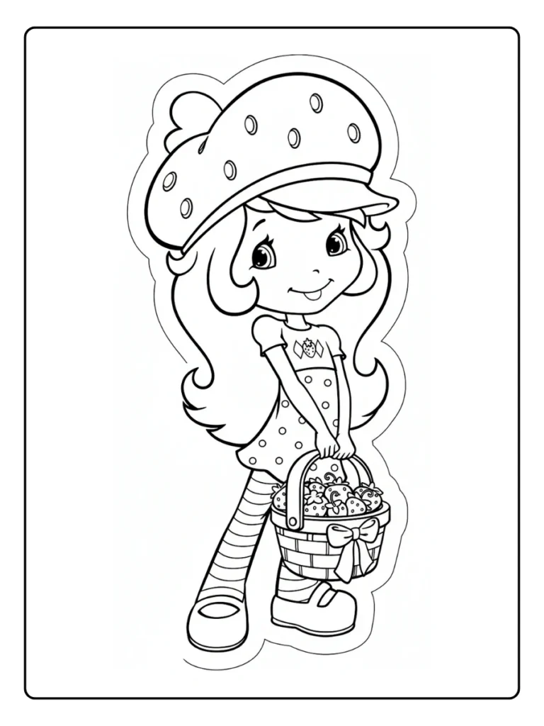 Strawberry Shortcake with a basket coloring sheet, character holding a flower basket.