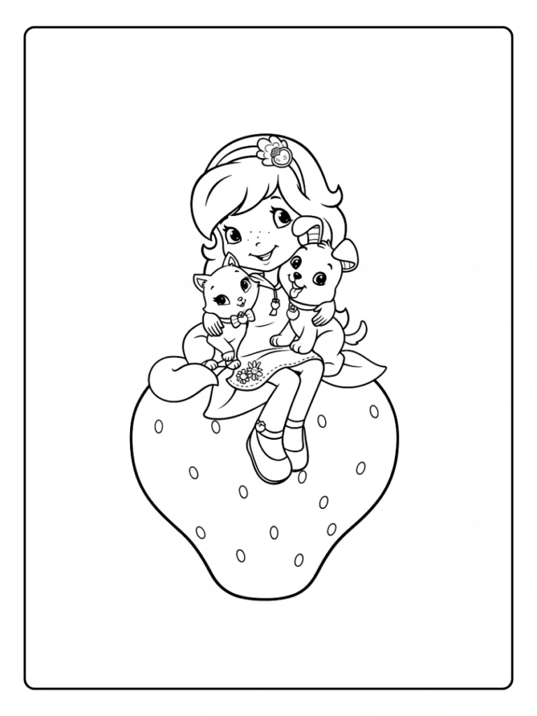 Strawberry Shortcake on a giant strawberry coloring page, character sitting with kittens.