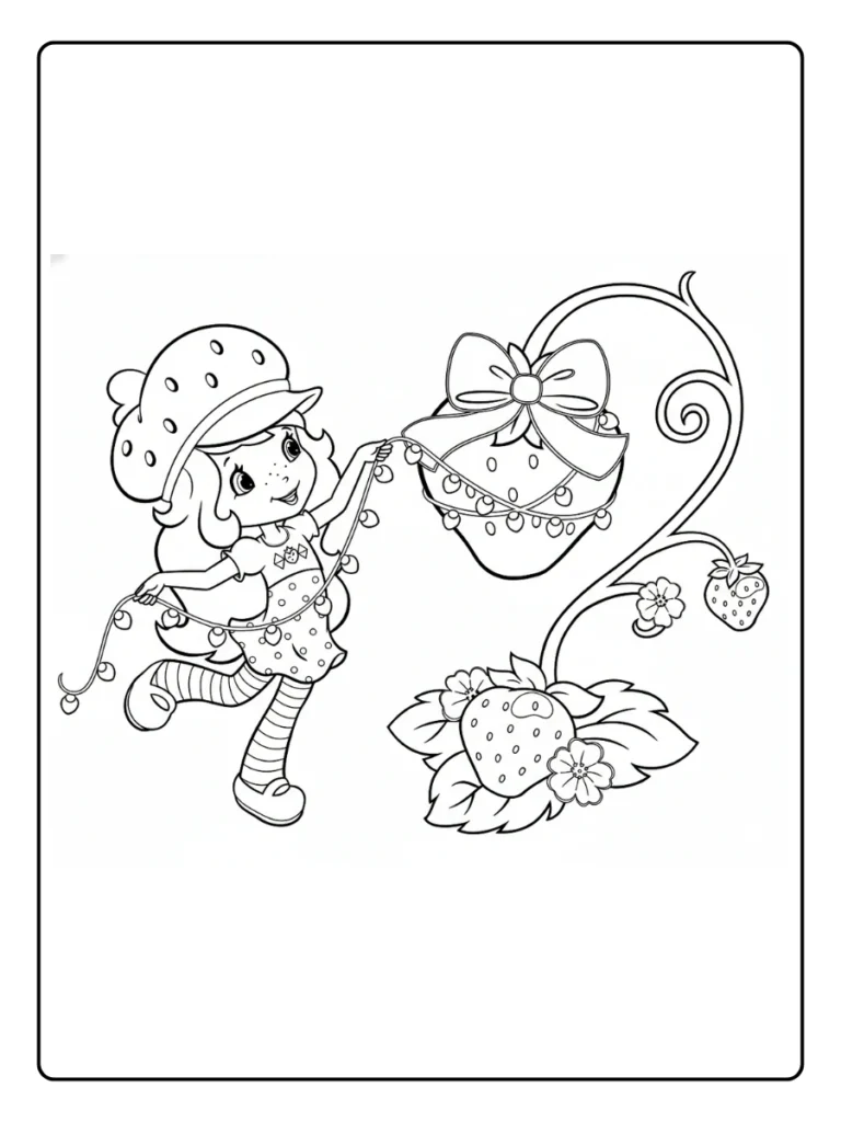 Strawberry Shortcake picking strawberries coloring sheet, character near a strawberry vine.
