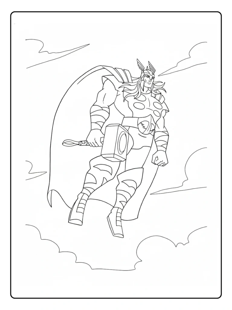 Thor floating in clouds coloring sheet, superhero in a celestial setting.