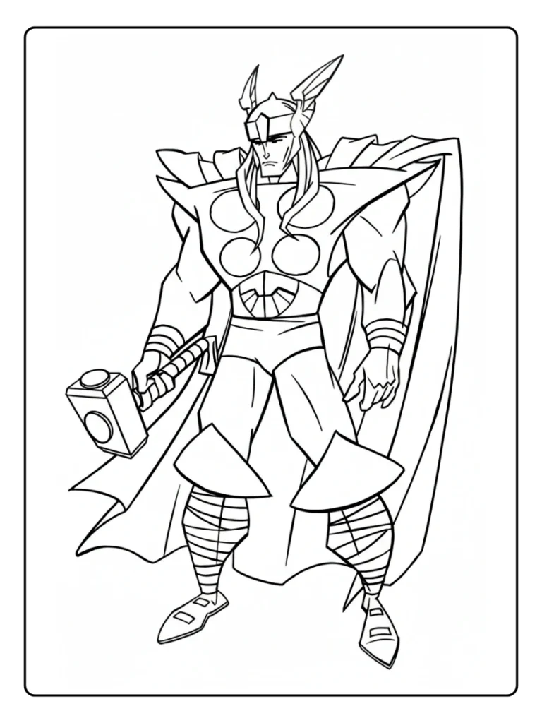 Thor with crossed arms coloring page, brooding superhero pose.