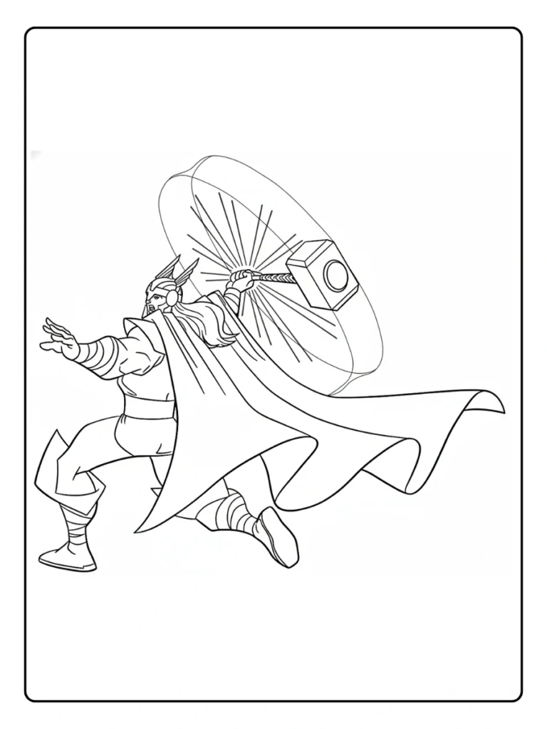 Thor swinging hammer coloring sheet, superhero spinning Mjolnir.