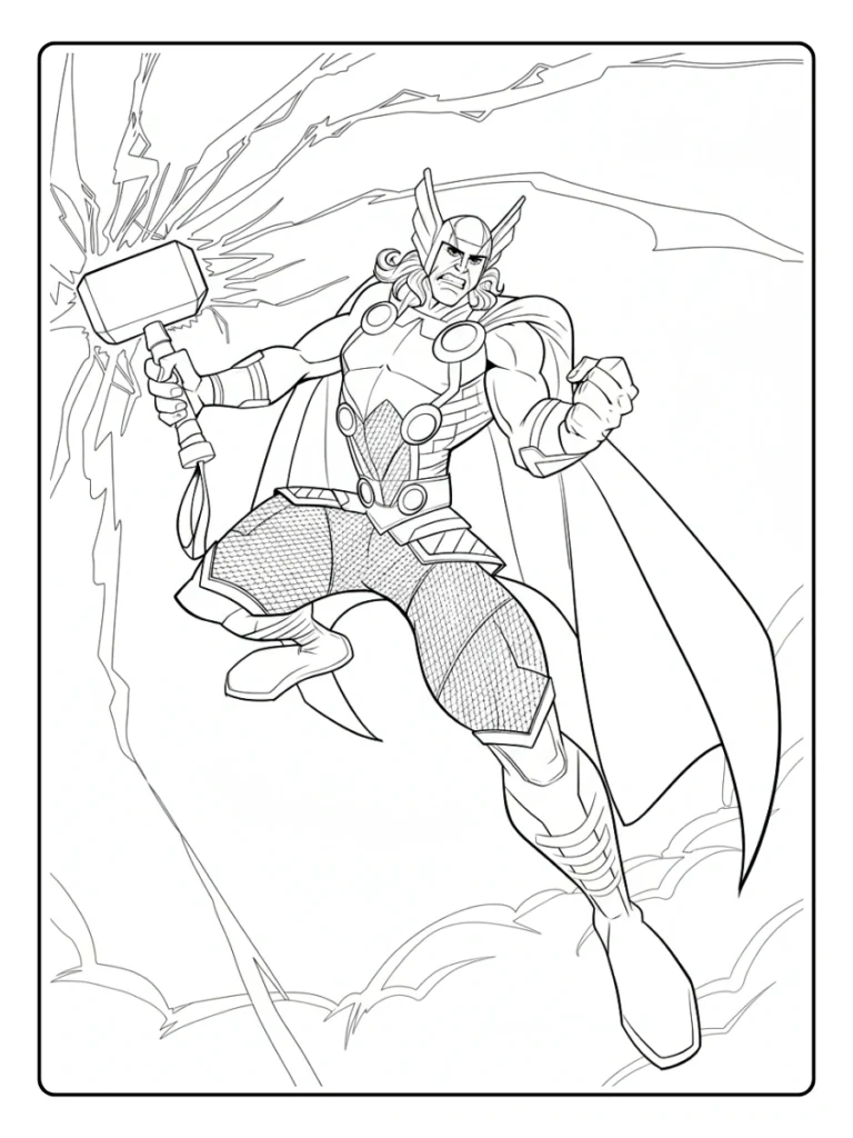 Thor battle scene coloring sheet, superhero fighting with lightning.