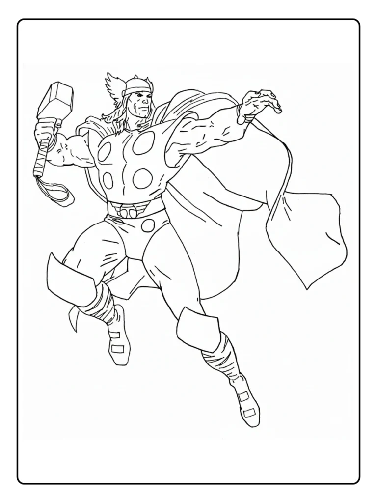 Thor reaching forward coloring page, superhero lunging with Mjolnir.
