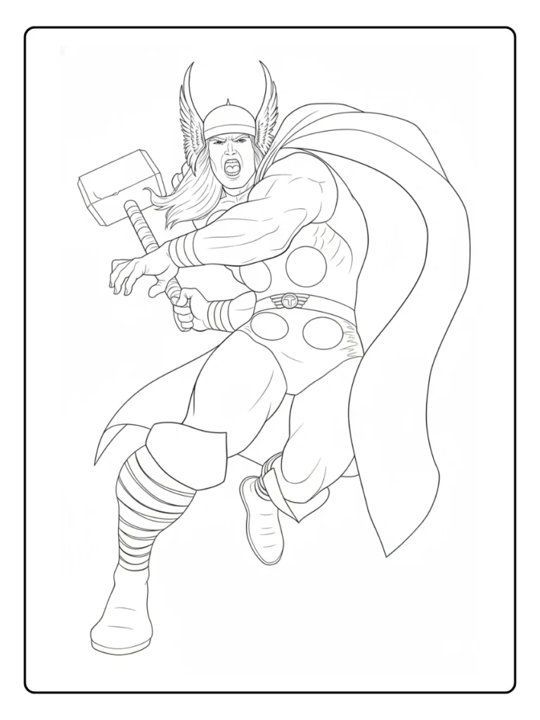 Thor ready for battle coloring sheet, superhero in a heroic pose.