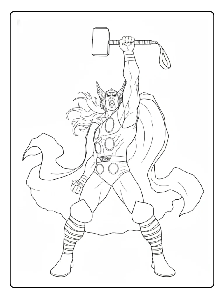 Thor raising Mjolnir coloring page, superhero summoning lightning.